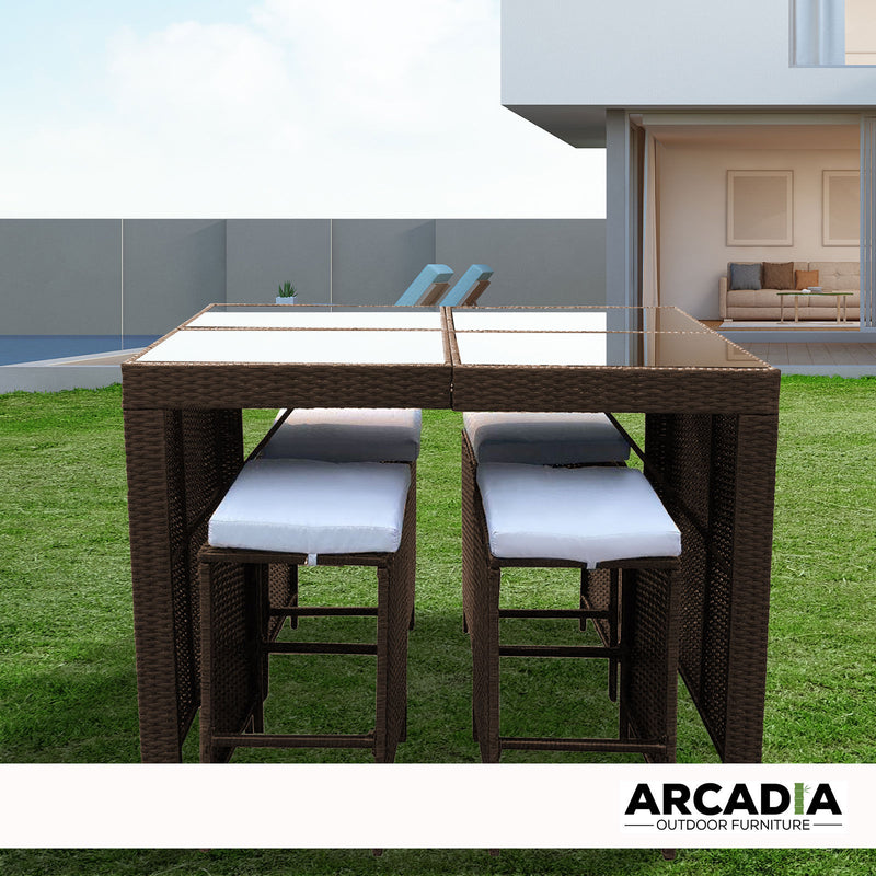 Arcadia Furniture Outdoor 5 Piece Bar Table Set Rattan and Cushions Patio Dining