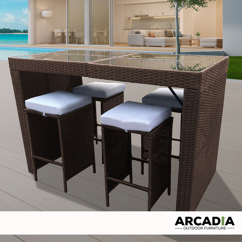 Arcadia Furniture Outdoor 5 Piece Bar Table Set Rattan and Cushions Patio Dining