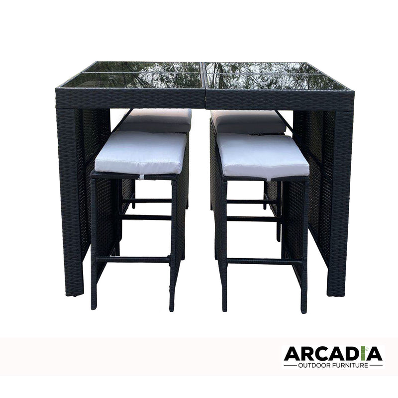 Arcadia Furniture Outdoor 5 Piece Bar Table Set Rattan and Cushions Patio Dining