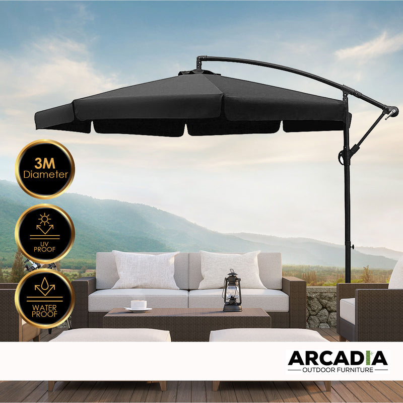 Arcadia Furniture 3M Outdoor Umbrella Grey Cantilever Garden Beach Patio Pool