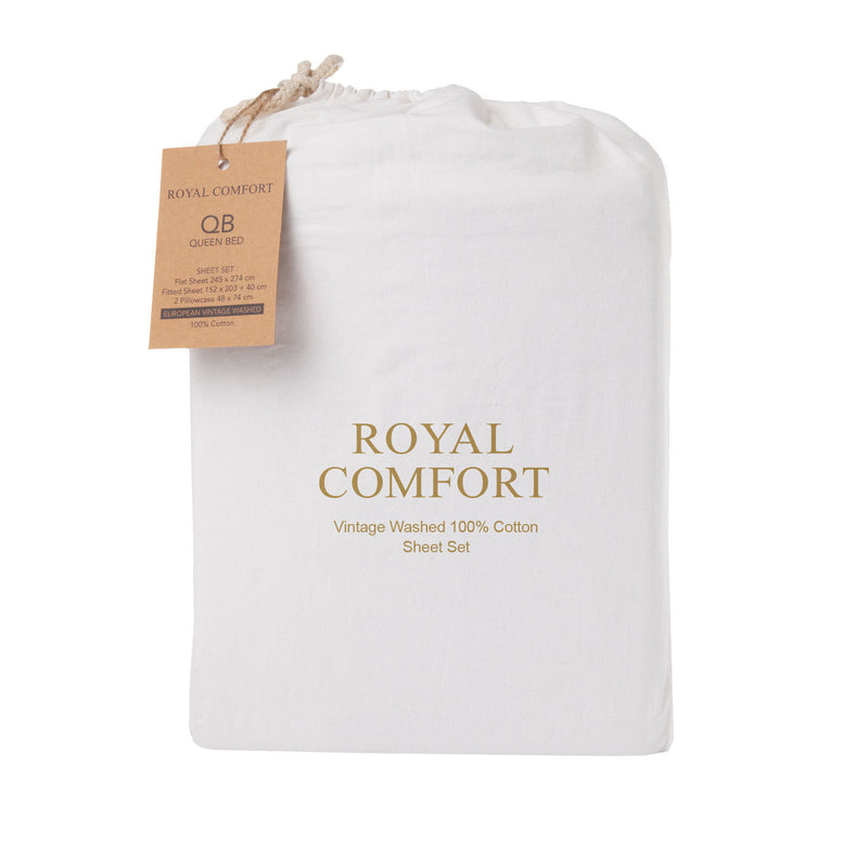 Royal Comfort Vintage Wash 100% Cotton Sheet Set Fitted Flat Sheet Pillowcases