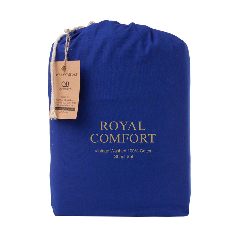 Royal Comfort Vintage Wash 100% Cotton Sheet Set Fitted Flat Sheet Pillowcases