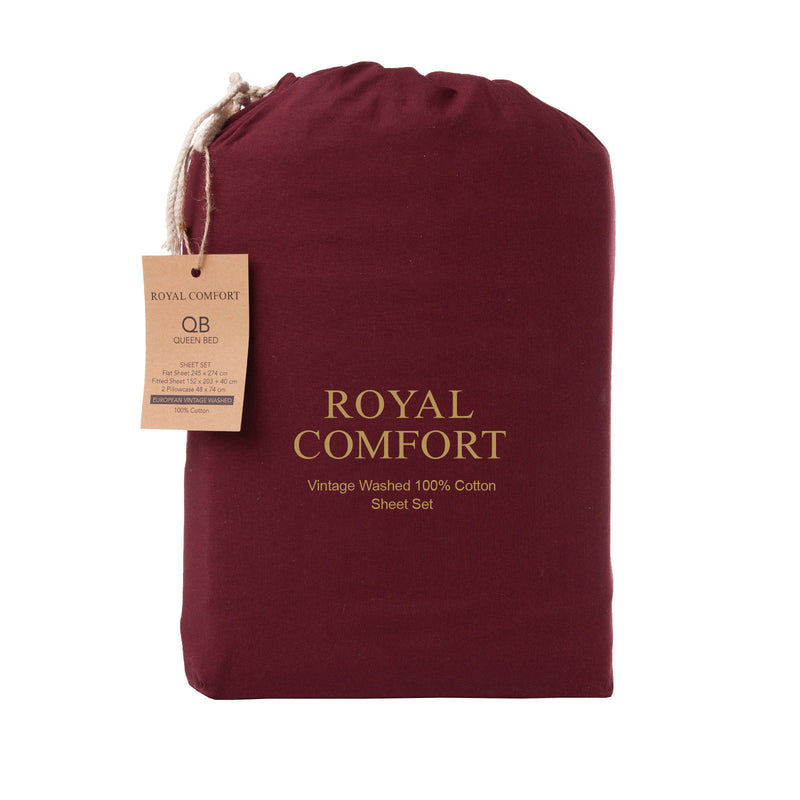 Royal Comfort Vintage Wash 100% Cotton Sheet Set Fitted Flat Sheet Pillowcases