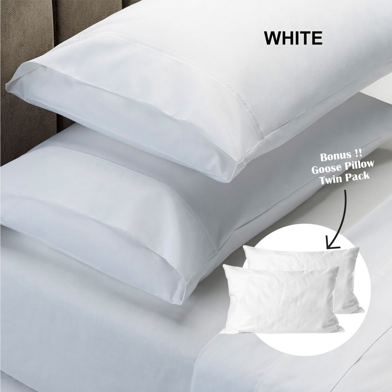 Royal Comfort 4 Piece 1500TC Sheet Set And Goose Feather Down Pillows 2 Pack Set