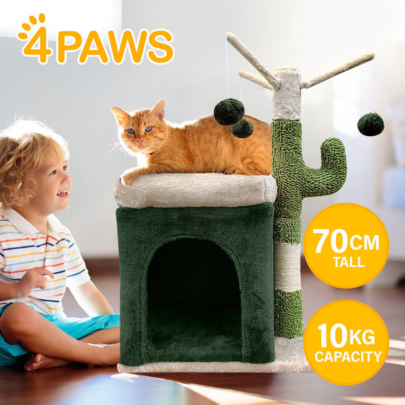 4Paws Cat Tree Scratching Post House Furniture Bed Cactus Play 70cm Green