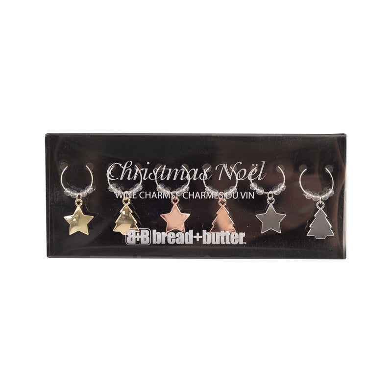 Bread and Butter (3) Star and (3) Tree Wine Glass Charms - 6 Pack