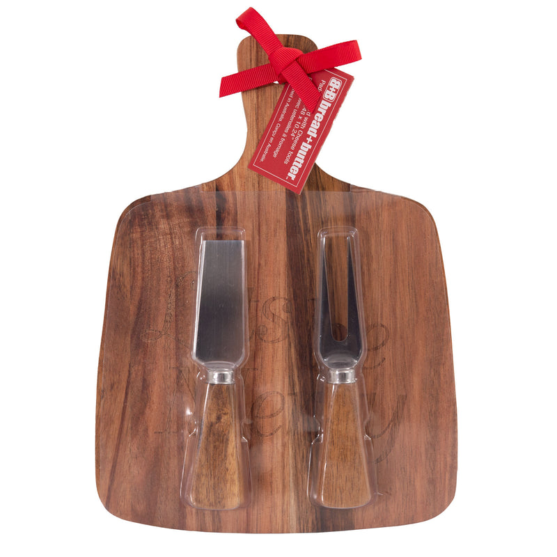 Bread and Butter Rectangle Paddle Food Board w/ 2 Cheeese Knives - Lets Be