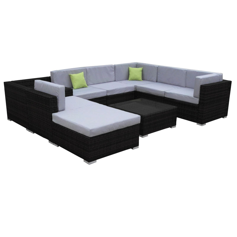 Milano 9 Piece Wicker Rattan Sofa Set Black Grey Outdoor Lounge Patio Furniture