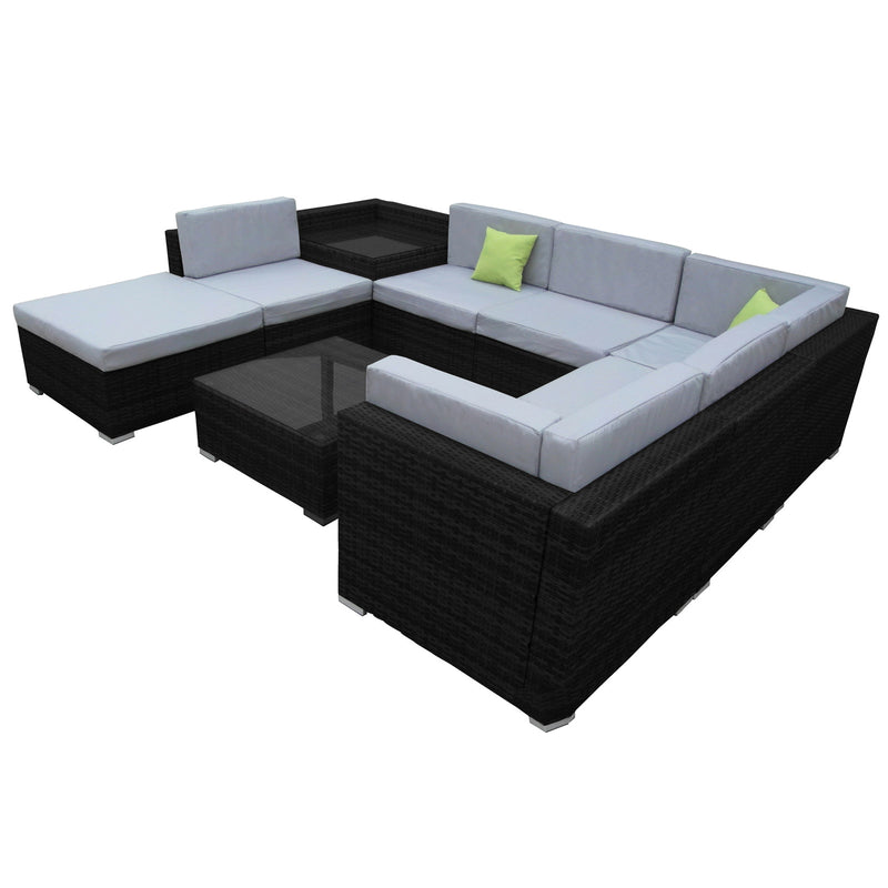 Milano 9 Piece Wicker Rattan Sofa Set Black Grey Outdoor Lounge Patio Furniture