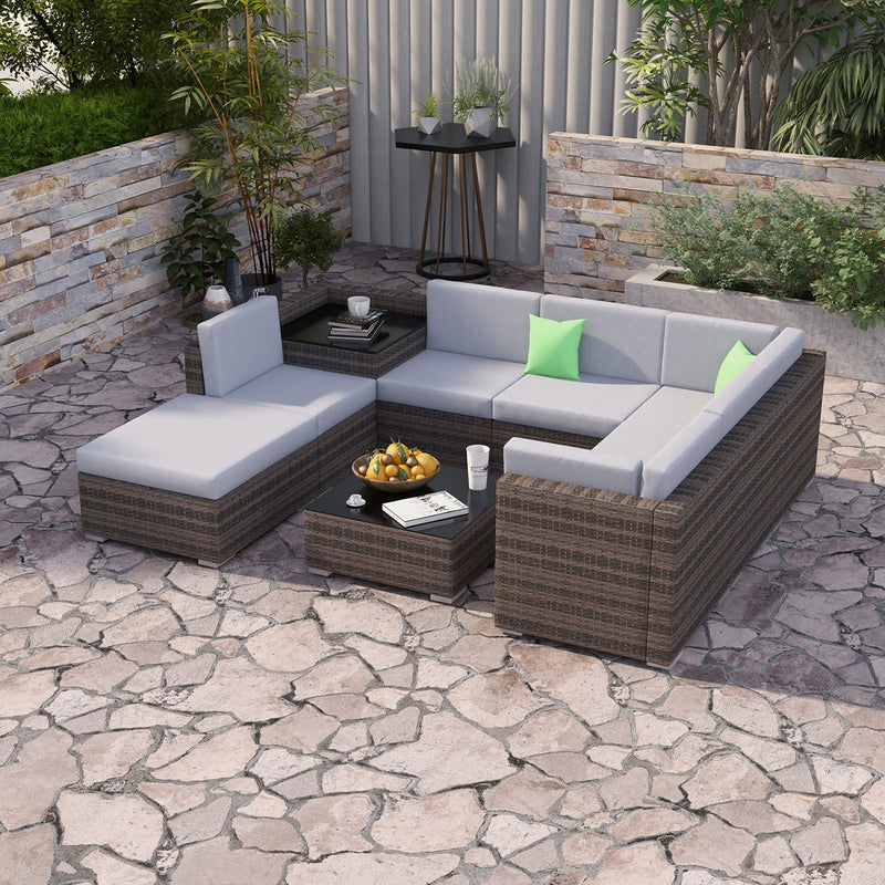 Milano 9 Piece Wicker Rattan Sofa Set Oatmeal Grey Outdoor Lounge Furniture