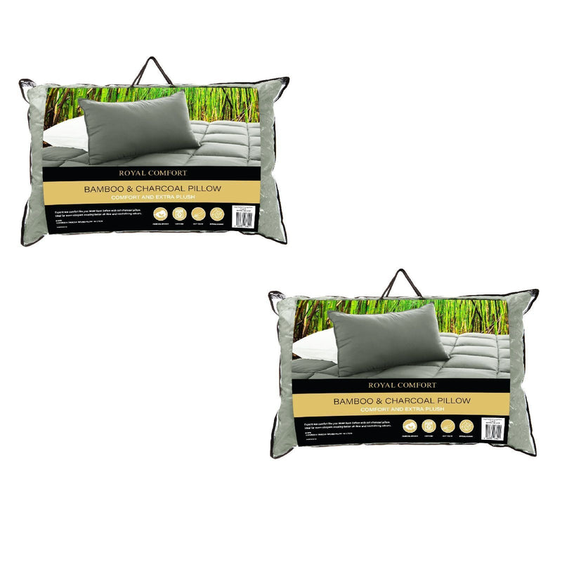 2 x Royal Comfort Charcoal Bamboo Pillows Hotel Quality Luxury Pack