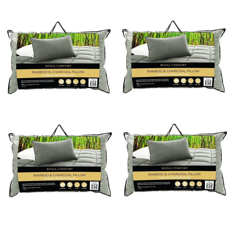 4 x Royal Comfort Charcoal Bamboo Pillows Hotel Quality Luxury