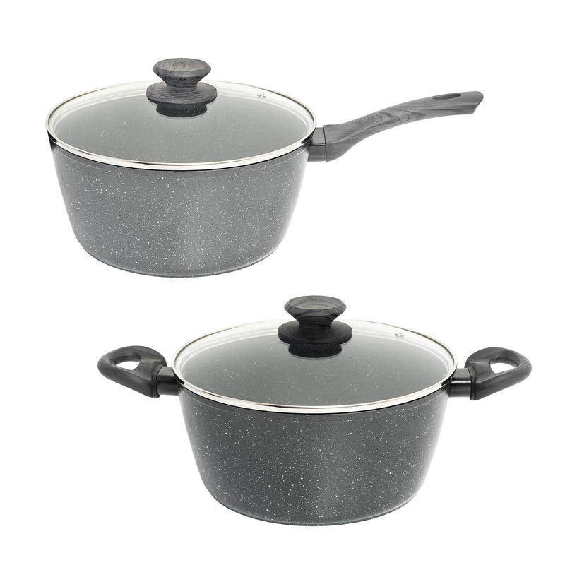 StoneChef 2 Pce Set 24cm Casserole Pan + 20cm Saucepan Set Lid Black Grey Handle