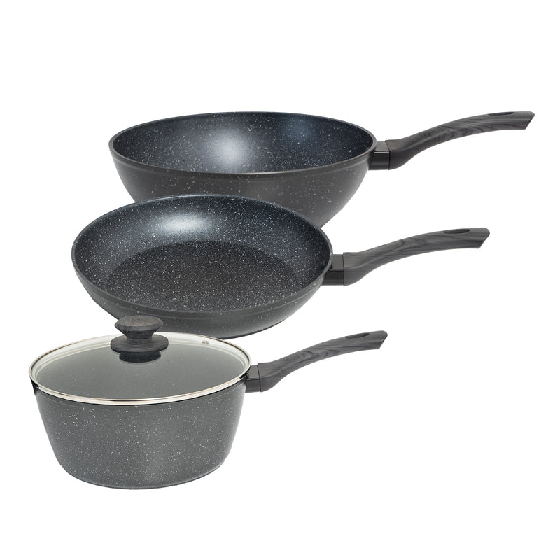 StoneChef 3 Piece Set Frypan 28cm Saucepan 20cm Wok 28cm Black Grey Handle