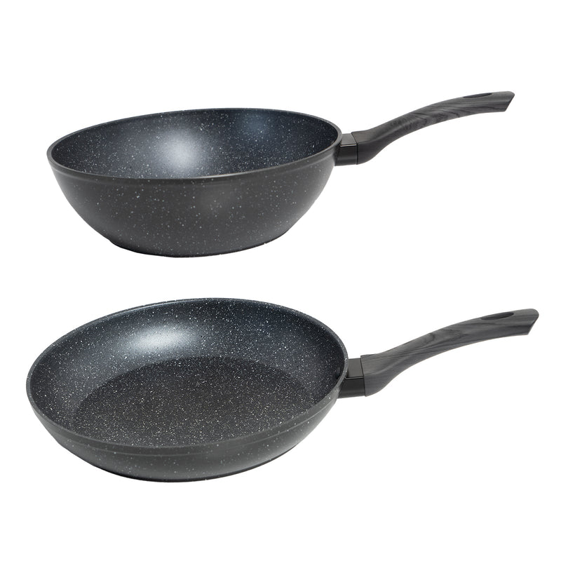 StoneChef 2 Piece Set 1 x Frypan 28cm 1 x Wok Pan 28cm Kitchen Black Grey Handle