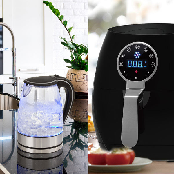 5 Litre Air Fryer Black And 1.7 Litre Kettle Blue LED Kitchen Package Deal Set