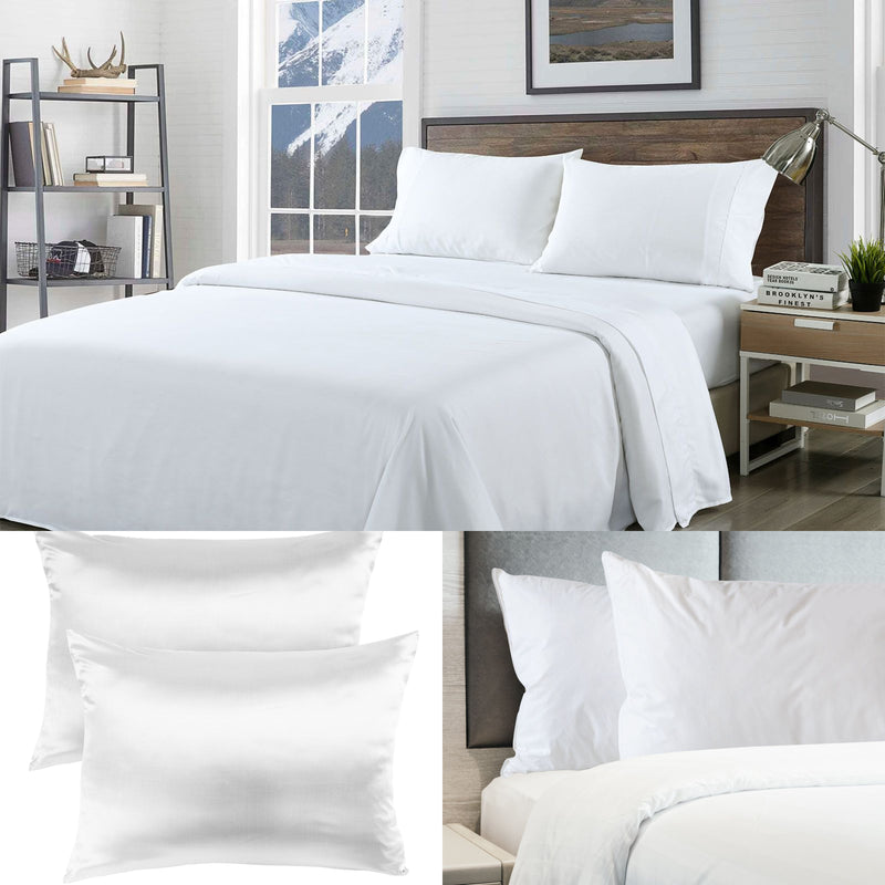 Bamboo Blend Sheet Set+Duck  Down Pillows+Silk Pillowcase White Bundle Queen